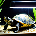 **

A Peninsula Cooter turtle basking under a UVB lamp in a terrarium. The turtle should be medium-sized (around 20cm), with a visible shell pattern. The terrarium includes both a water area and a land area with rocks for basking. Focus on the turtle's activity and healthy appearance, highlighting the UVB lamp's importance.

**