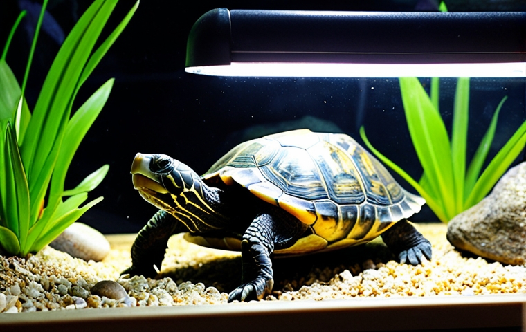 **
A Peninsula Cooter turtle basking under a UVB lamp in a terrarium. The turtle should be medium-sized (around 20cm), with a visible shell pattern. The terrarium includes both a water area and a land area with rocks for basking. Focus on the turtle's activity and healthy appearance, highlighting the UVB lamp's importance.
**