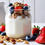 **

A close-up shot of homemade goat milk yogurt in a glass jar, topped with fresh strawberries, blueberries, granola, and a sprinkle of nuts, set against a bright, natural light background. The scene evokes a healthy, vibrant breakfast setting.

**