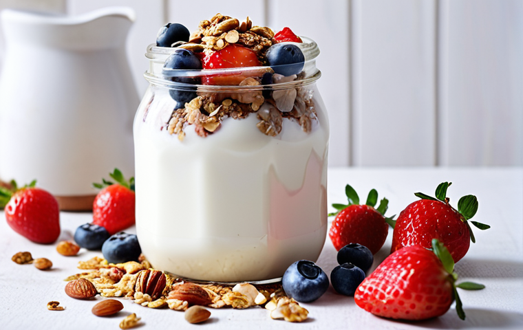 **
A close-up shot of homemade goat milk yogurt in a glass jar, topped with fresh strawberries, blueberries, granola, and a sprinkle of nuts, set against a bright, natural light background. The scene evokes a healthy, vibrant breakfast setting.
**