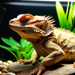 A vibrant, healthy bearded dragon basking peacefully on a rock in a well-maintained terrarium. The enclosure clearly shows a temperature gradient with a visible hot zone under a basking lamp and a shaded cool zone with a hide. Digital thermometers are strategically placed in both areas, indicating optimal temperatures. Naturalistic substrate and decor (such as branches and plants) enhance the environment, emphasizing the importance of a balanced habitat. Realistic, high-definition photography with warm, inviting lighting.