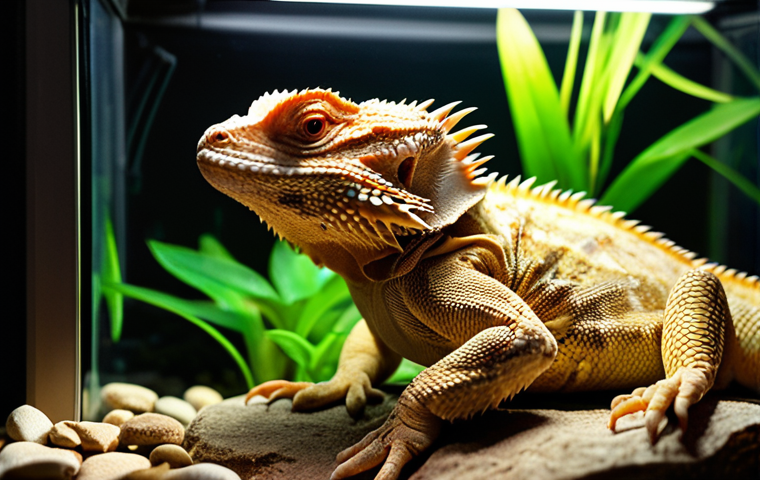 A vibrant, healthy bearded dragon basking peacefully on a rock in a well-maintained terrarium. The enclosure clearly shows a temperature gradient with a visible hot zone under a basking lamp and a shaded cool zone with a hide. Digital thermometers are strategically placed in both areas, indicating optimal temperatures. Naturalistic substrate and decor (such as branches and plants) enhance the environment, emphasizing the importance of a balanced habitat. Realistic, high-definition photography with warm, inviting lighting.