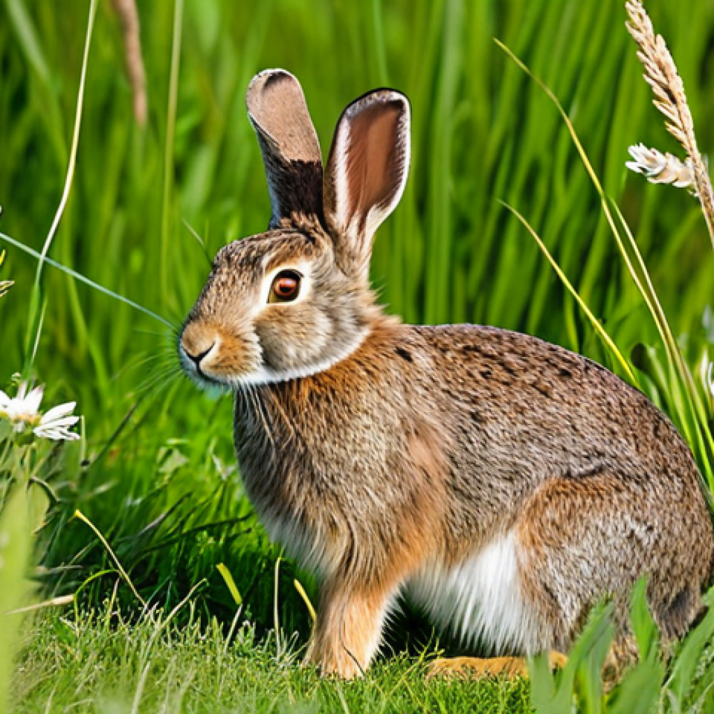 Wild Rabbit in Natural Habitat**
"A wild rabbit, brown fur, alert posture, fully clothed (fur is clothing), surrounded by tall green grass and wildflowers in a sunny meadow, natural pose, correct proportions, perfect anatomy, safe for work, appropriate content, family-friendly, professional wildlife photography, high quality."
**