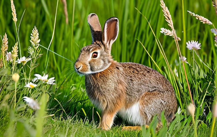 Wild Rabbit in Natural Habitat**
"A wild rabbit, brown fur, alert posture, fully clothed (fur is clothing), surrounded by tall green grass and wildflowers in a sunny meadow, natural pose, correct proportions, perfect anatomy, safe for work, appropriate content, family-friendly, professional wildlife photography, high quality."
**