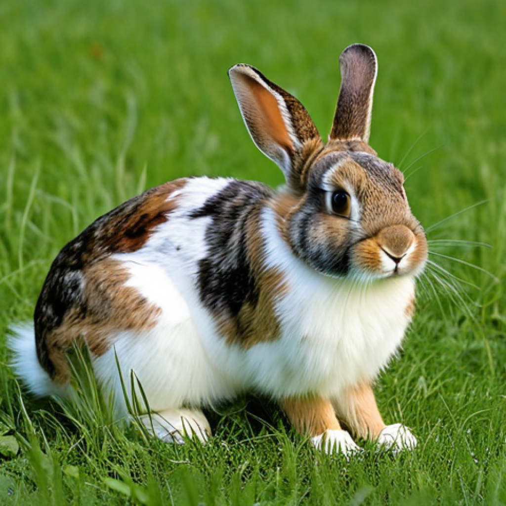 Unique Appearance**
"A charming mixed-breed rabbit with a unique patchwork coat of brown and white, sitting in a grassy meadow, fully clothed (referencing the prompt guidelines), appropriate attire (referencing the prompt guidelines), safe for work, perfect anatomy, correct proportions, well-formed hands (referencing rabbit paws), natural pose, family-friendly, professional studio photography, high detail, sharp focus."
**