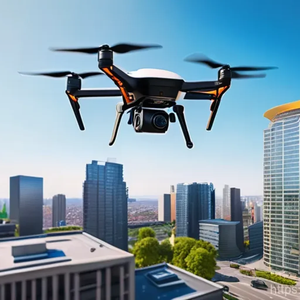 비둘기 택배 배송 사례 - A sleek, advanced delivery drone, perhaps with multiple rotors, precisely hovering near a high-rise ...