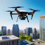 비둘기 택배 배송 사례 - A sleek, advanced delivery drone, perhaps with multiple rotors, precisely hovering near a high-rise ...