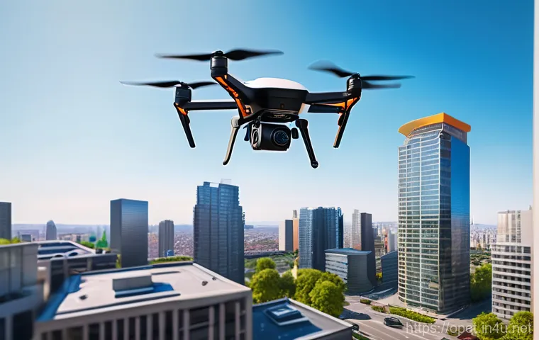 비둘기 택배 배송 사례 - A sleek, advanced delivery drone, perhaps with multiple rotors, precisely hovering near a high-rise ...