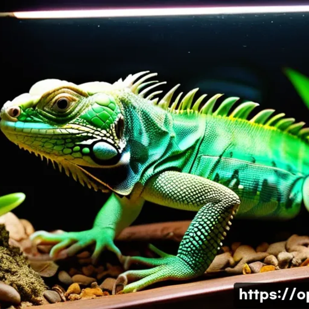 이구아나 전용 UV 조명 - A detailed close-up of a green iguana basking under a specialized UVB and UVA reptile lamp inside a ...
