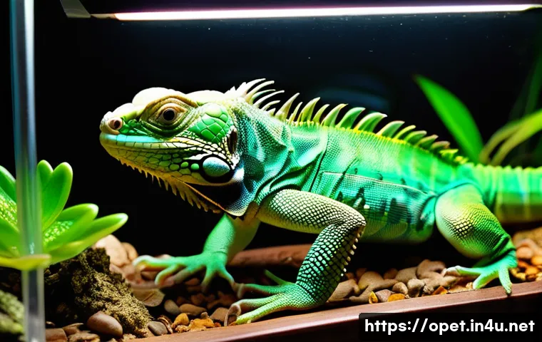이구아나 전용 UV 조명 - A detailed close-up of a green iguana basking under a specialized UVB and UVA reptile lamp inside a ...