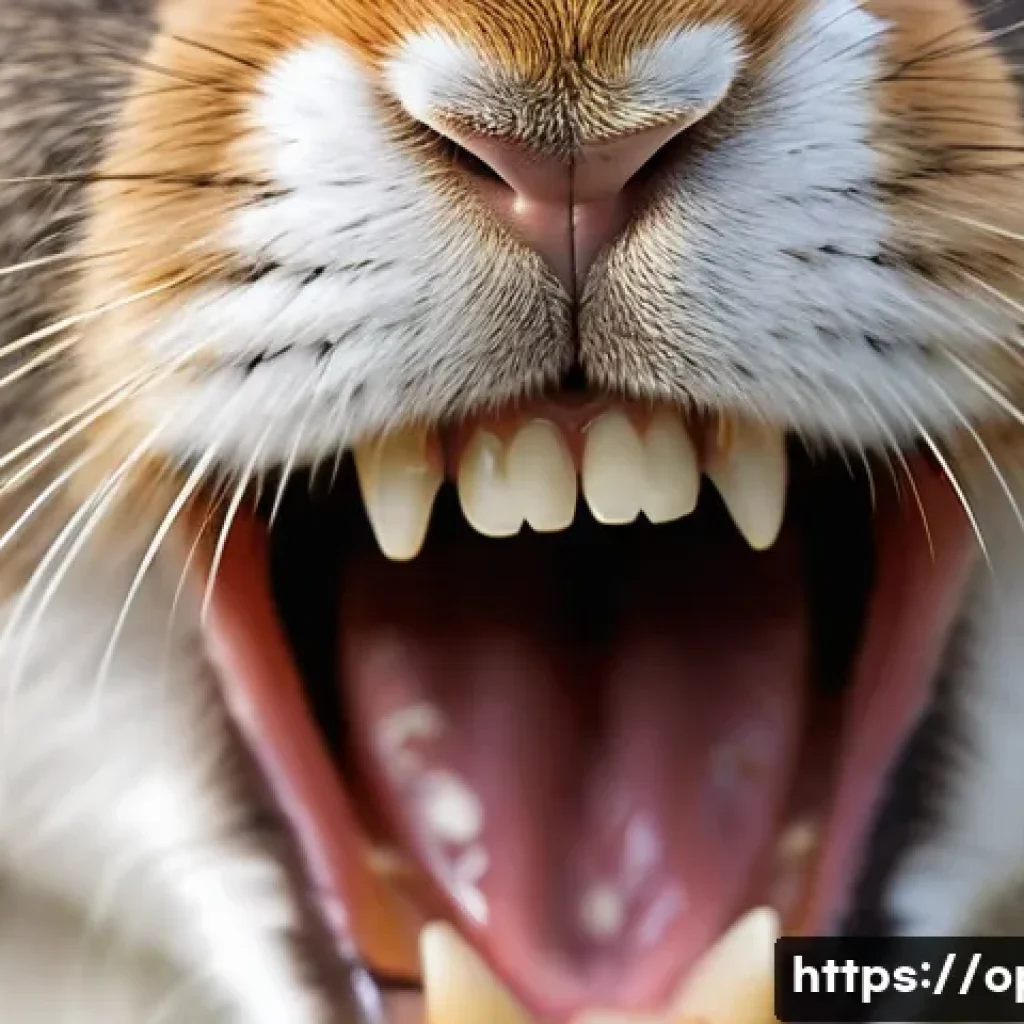 토끼 이빨 관리법 - A detailed close-up of a domestic rabbit&rsquo;s teeth showing the continuously growing incisors and molar...