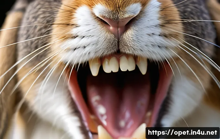 토끼 이빨 관리법 - A detailed close-up of a domestic rabbit’s teeth showing the continuously growing incisors and molar...