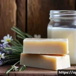 Home 22 양유 비누 만들기 - A close-up scene of a handmade goat milk soap bar placed on a rustic wooden surface, surrounded by f...