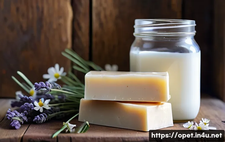 양유 비누 만들기 - A close-up scene of a handmade goat milk soap bar placed on a rustic wooden surface, surrounded by f...