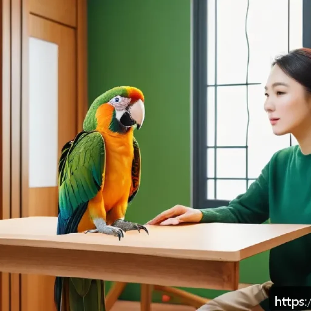 칵테일 앵무새 교감 훈련 - A calm indoor training scene featuring a parrot perched attentively on a colorful wooden stand insid...