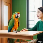 Home 21 칵테일 앵무새 교감 훈련 - A calm indoor training scene featuring a parrot perched attentively on a colorful wooden stand insid...