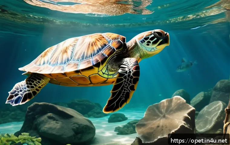 수생 거북이 먹이 주기 - A vibrant underwater scene featuring a semi-aquatic turtle actively feeding on a variety of natural ...