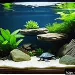 Home 18 수생 거북이 수질 관리 - A spacious aquatic turtle tank setup featuring a large glass aquarium at least ten times the size of...
