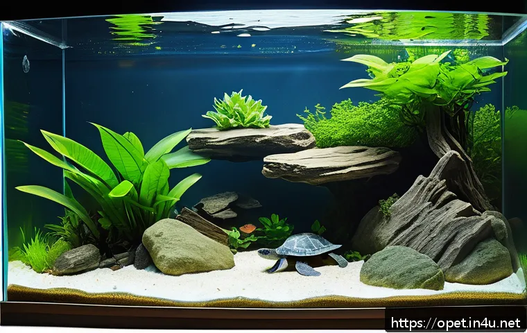 수생 거북이 수질 관리 - A spacious aquatic turtle tank setup featuring a large glass aquarium at least ten times the size of...