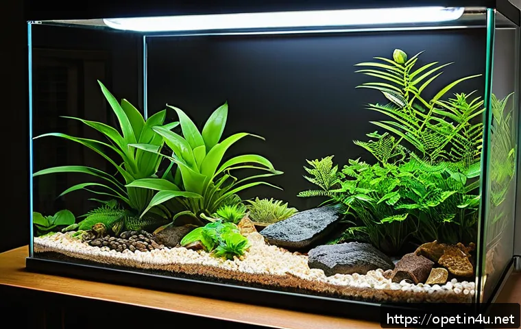 파충류 사육 용품 리스트 - A detailed, high-resolution image of a well-equipped reptile terrarium showcasing essential environm...