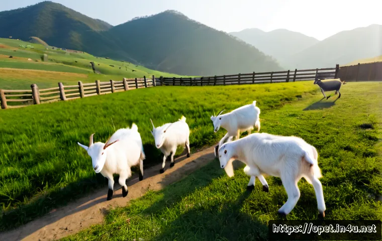 염소 무리 동작 관찰 - Photorealistic wide shot of a small goat herd moving together across a sunlit green pasture, several...