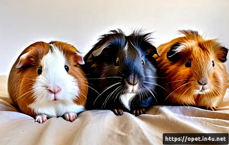 기니피그 인기 품종 - Photorealistic studio portrait of three popular guinea pig varieties arranged side by side: a smooth...