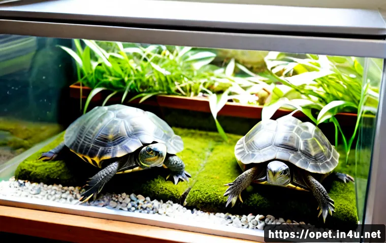 거북이 종별 가격 비교 - Photorealistic pet shop comparison scene with three clearly distinct captive-bred pet turtles in sep...